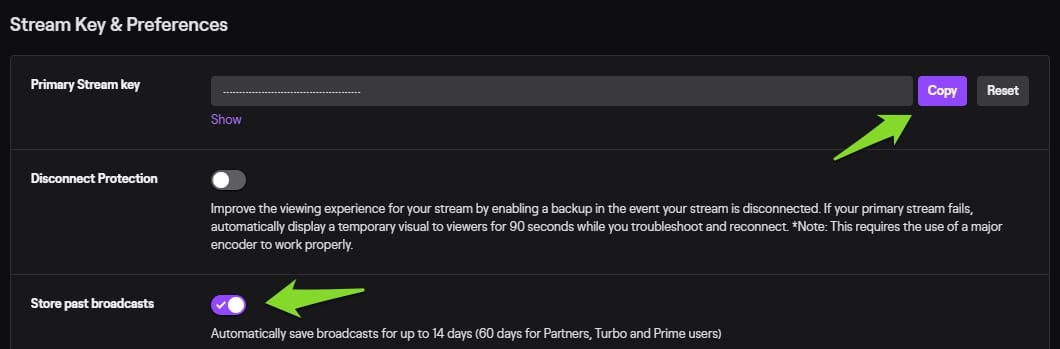twitch stream key and preferences